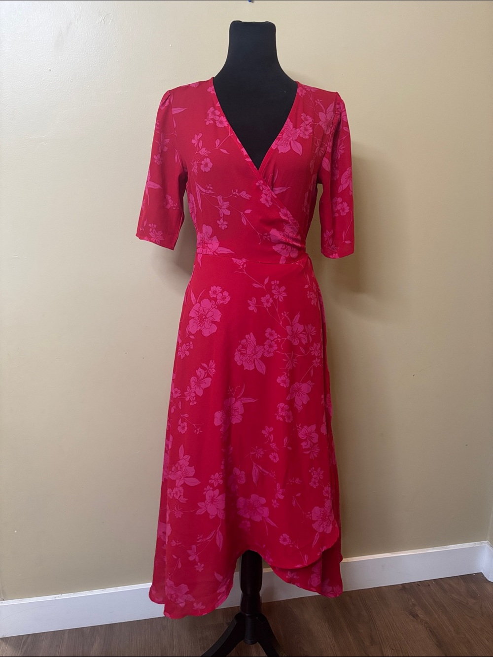 Bobeau Red Floral Wrap Midi Dress